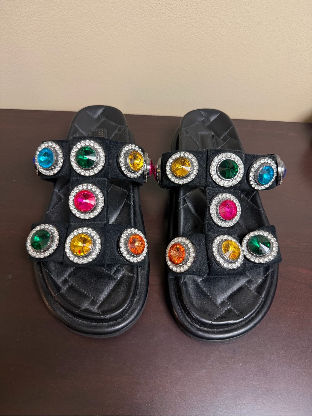 women’s Kurt Geiger London Orson Black Jewel Slide Sandals with Multicolor Gems